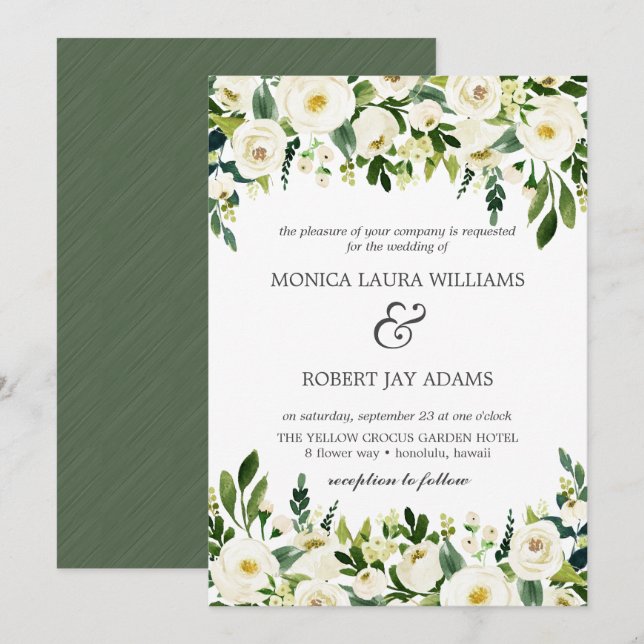 White Bloom | White Flowers rustic wedding Invitation (Front/Back)