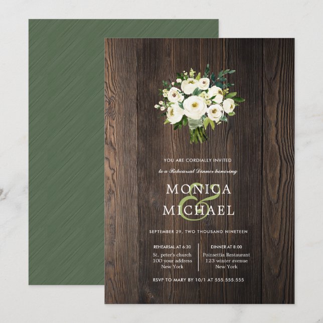 White Bloom Wood Bouquet Wedding  Rehearsal Dinner Invitation (Front/Back)