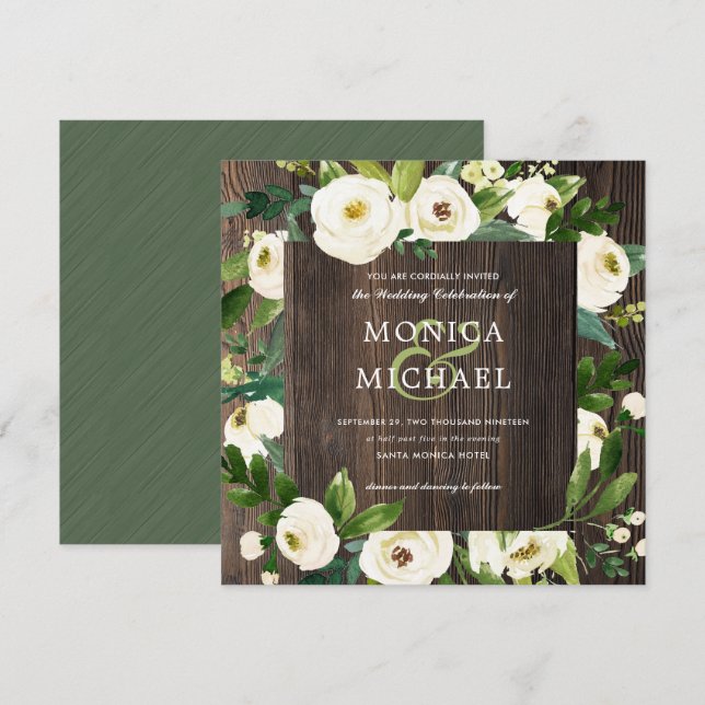 White Bloom | Wood Floral Botanical  Wedding Invitation (Front/Back)