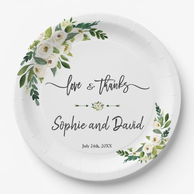 White Blooming Floral Handwriting Love and Thanks Paper Plates (Front)