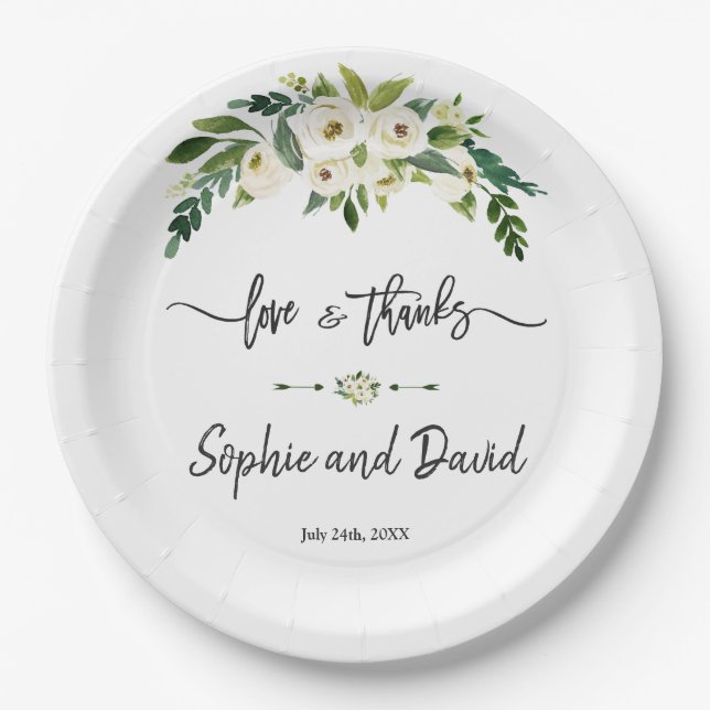 White Blooming Floral Handwriting Love and Thanks Paper Plates (Front)
