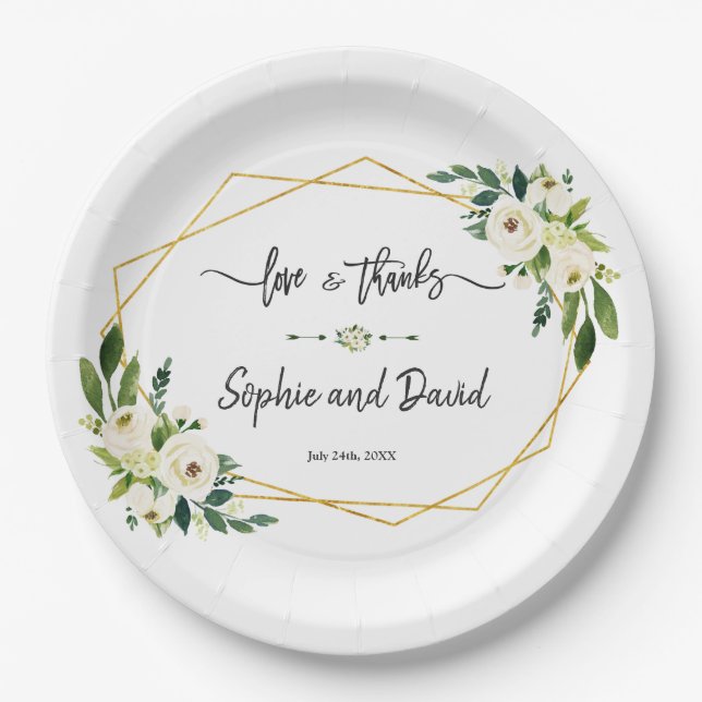 White Blooming Floral Handwriting Love and Thanks Paper Plates (Front)