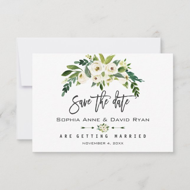 White Blooming Floral Handwriting Save The Date (Front)