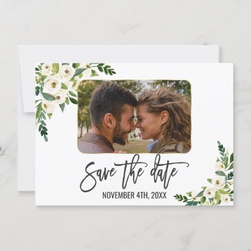 White Blooming Floral Photo Save The Date