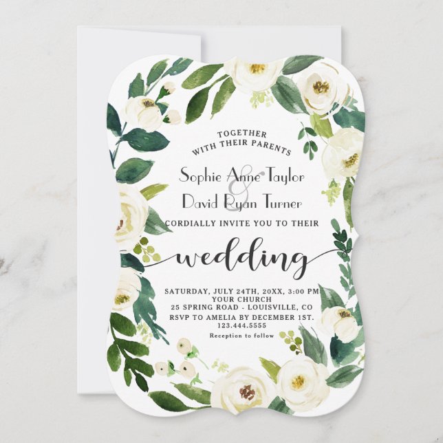 White Blooming Floral Wreath Handwriting Wedding Invitation (Front)