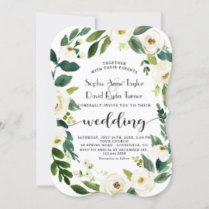 White Blooming Floral Wreath Handwriting Wedding Invitation