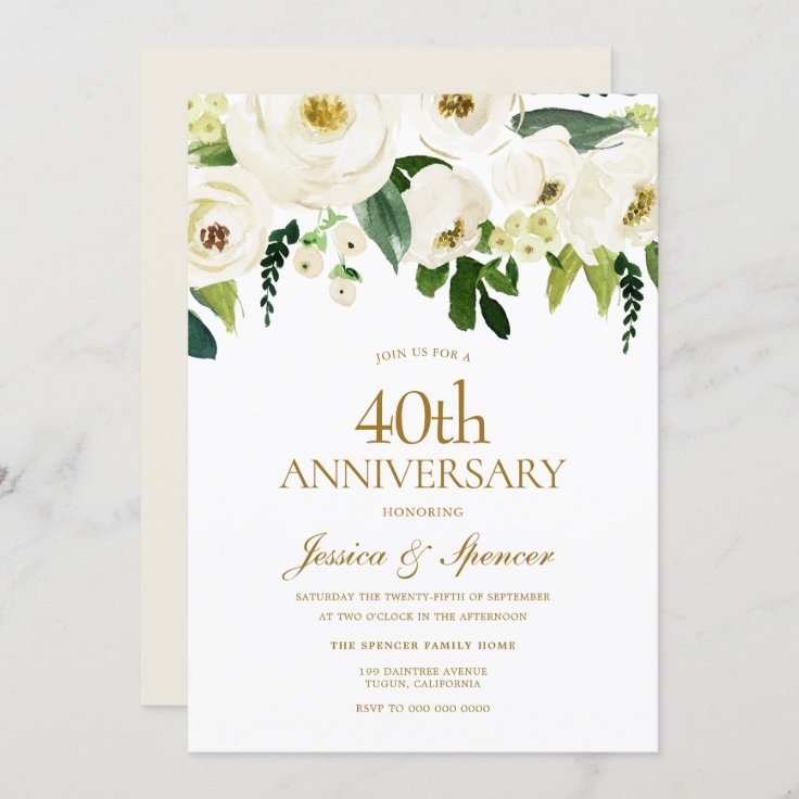 White Blooming flowers 40th Wedding Anniversary Invitation | Zazzle