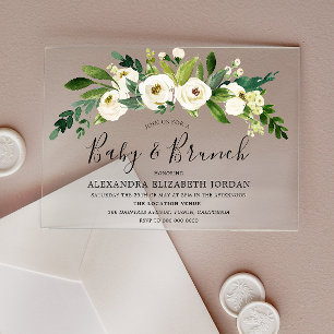 White Blooming Flowers Baby Shower & Brunch Acrylic Invitations
