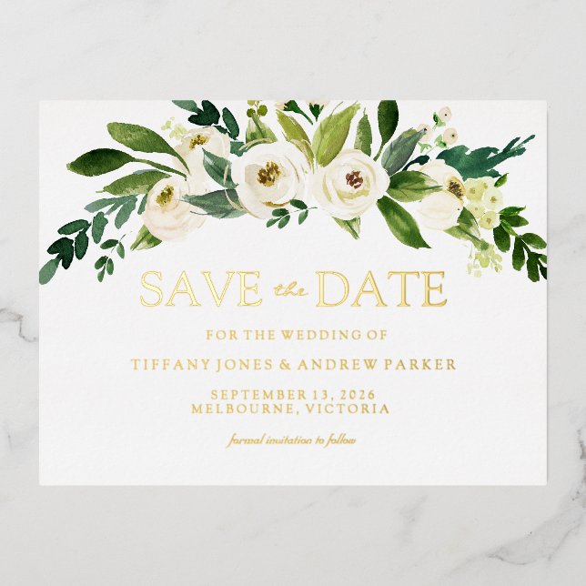 White Blooming Flowers Wedding Save The Date Foil Invitation Postcard (Front)