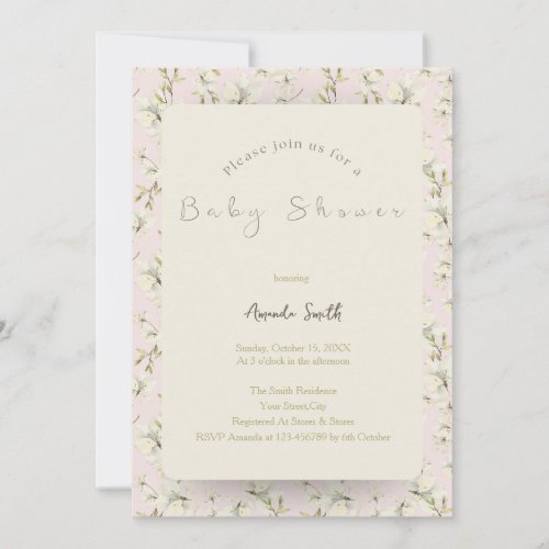 White Blooming Magnolia Pink Baby Shower Invitation