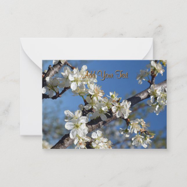 White blooming plum tree branch in spring custom note card (Front)
