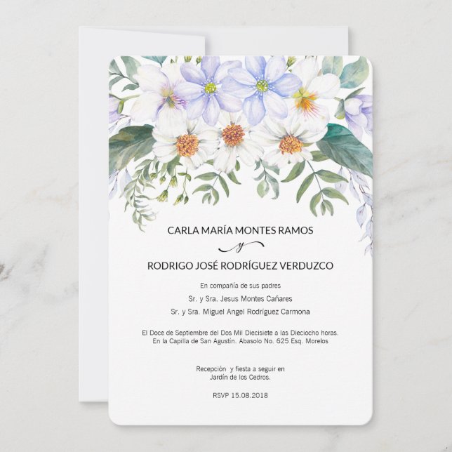 White Blooms Spanish Wedding Invitation (Front)