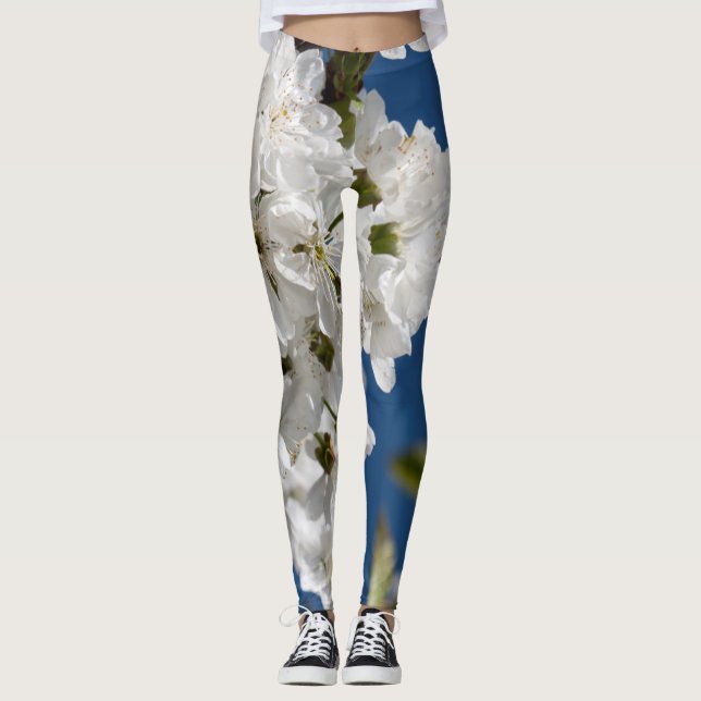 White blossom branches Spring Leggings (Front)