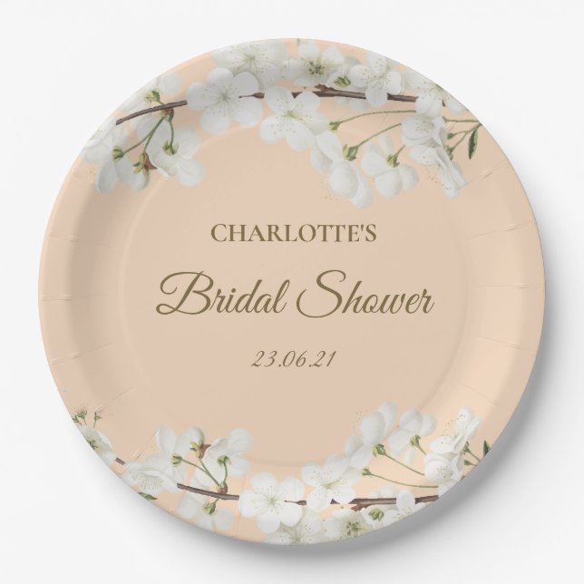 White Blossom Bridal Shower Paper Plates (Front)