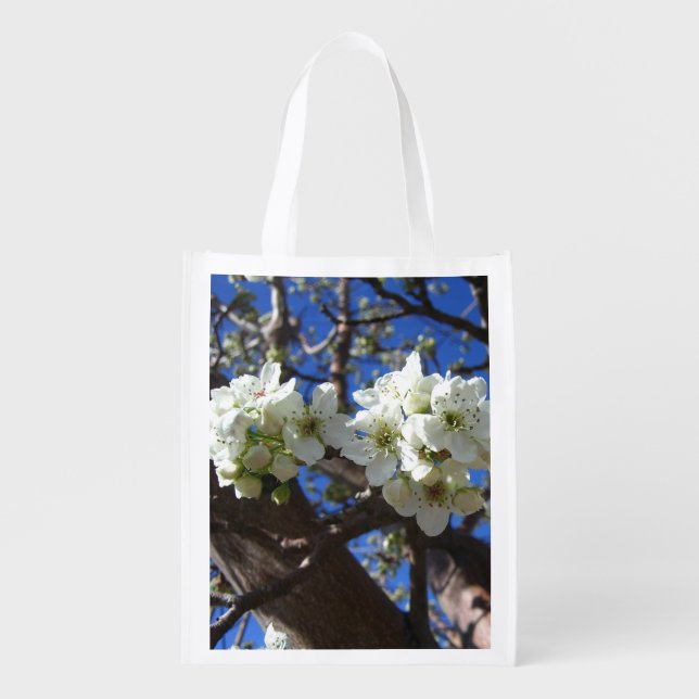 White Blossom Clusters Spring Flowering Pear Tree Grocery Bag (Front)