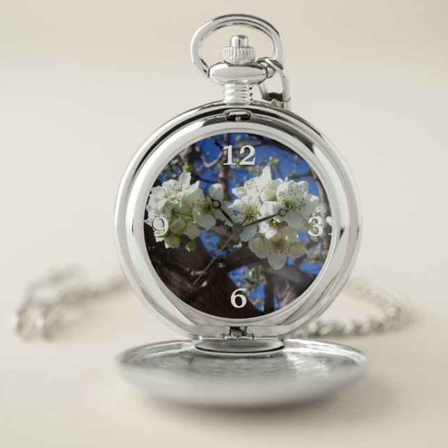 White Blossom Clusters Spring Flowering Pear Tree Pocket Watch (Inside)