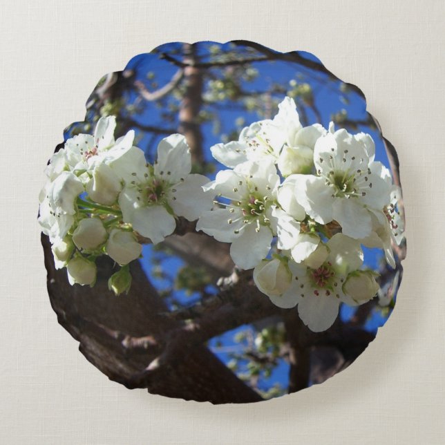 White Blossom Clusters Spring Flowering Pear Tree Round Pillow (Front)