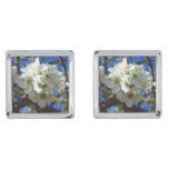 White Blossom Clusters Spring Flowering Pear Tree Silver Cufflinks