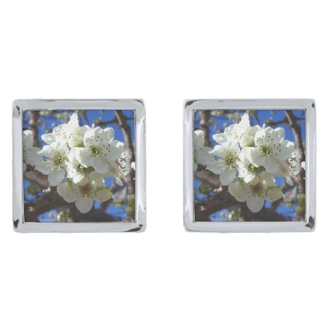 White Blossom Clusters Spring Flowering Pear Tree Silver Cufflinks (Front)