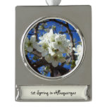 White Blossom Clusters Spring Flowering Pear Tree Silver Plated Banner Ornament