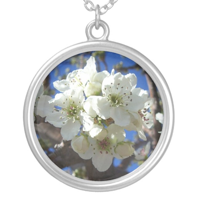 White Blossom Clusters Spring Flowering Pear Tree Silver Plated Necklace (Front)