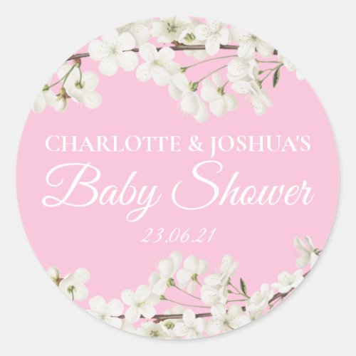 White Blossom Couples Baby Shower Classic Round Sticker