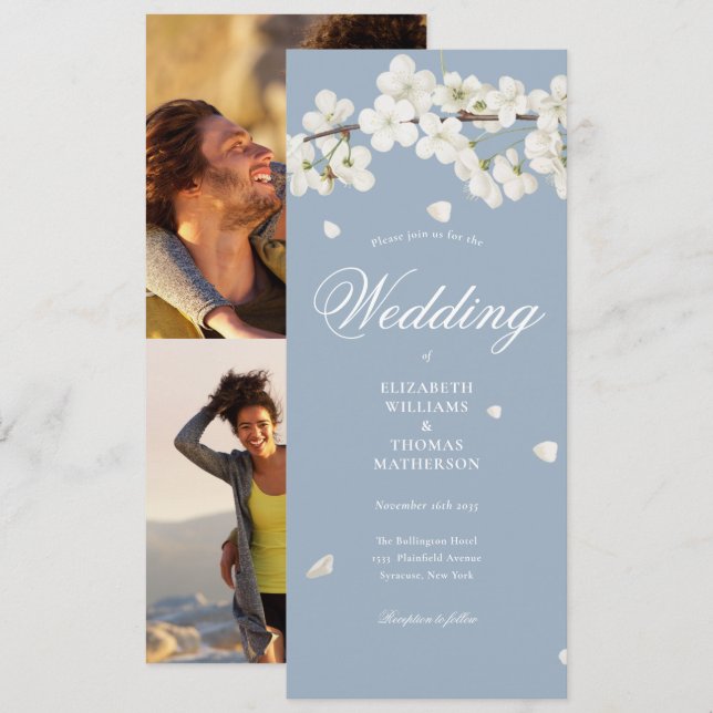 White Blossom Dusty Blue 2 Photo Wedding Invitation (Front/Back)