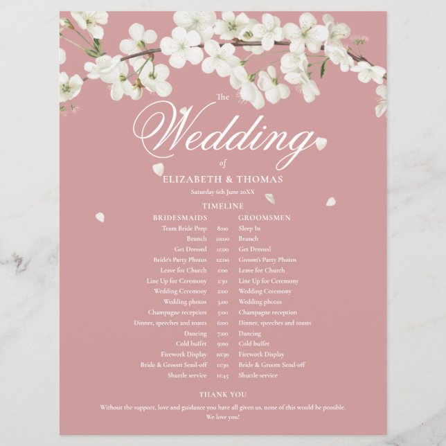 White Blossom Dusty Rose Wedding Schedule Timeline (Front)