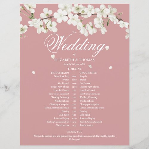 White Blossom Dusty Rose Wedding Schedule Timeline