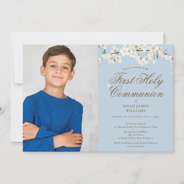 White Blossom First Holy Communion Blue Photo Invitation (Front)