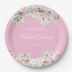White Blossom Floral Bridal Shower Paper Plates