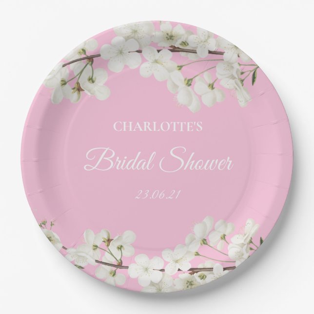 White Blossom Floral Bridal Shower Paper Plates (Front)