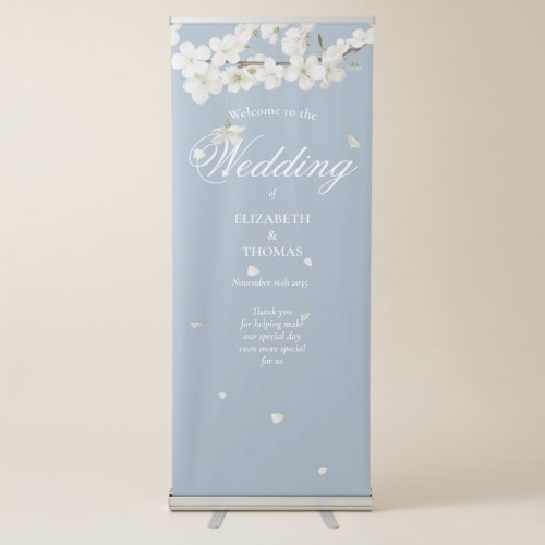 White Blossom Floral Dusty Blue Wedding Welcome Retractable Banner