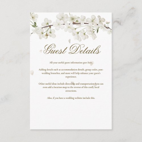 White Blossom Floral Guest Information Details Enclosure Card