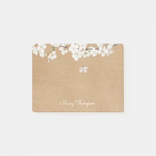 White Blossom Floral Rustic Kraft Monogram Name Post_it Notes