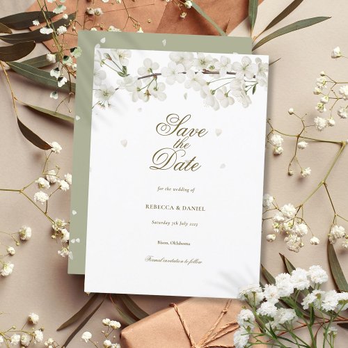 White Blossom Floral Wedding Save the Date Invitation