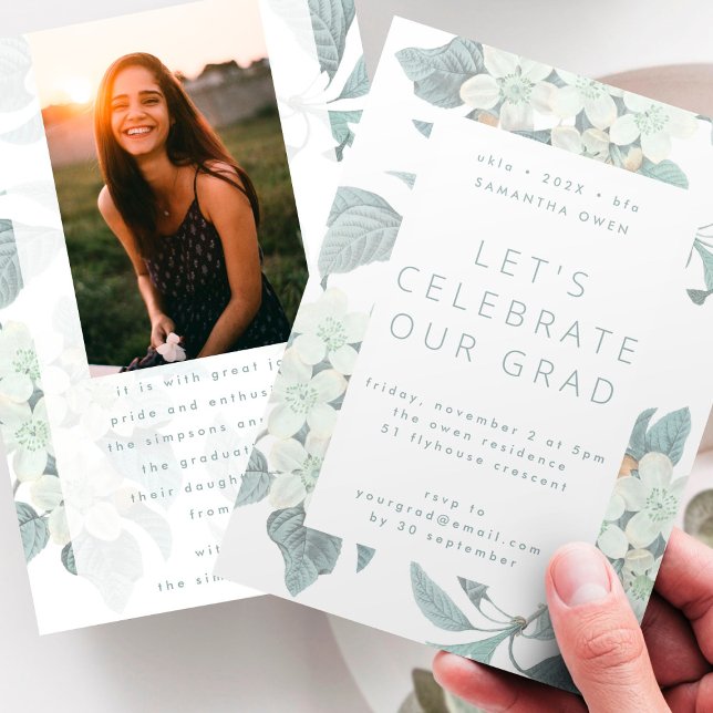 White Blossom Flower Photo University Grad Invitation (Creator Uploaded)
