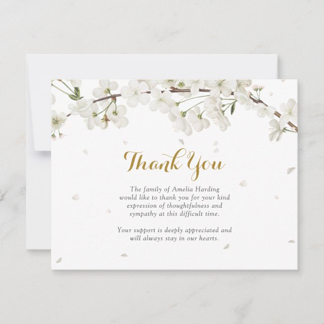 White Blossom Funeral Celebration Of Life Thank You Card (Front)