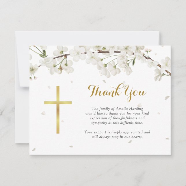 White Blossom Funeral Christian Thank You Card (Front)