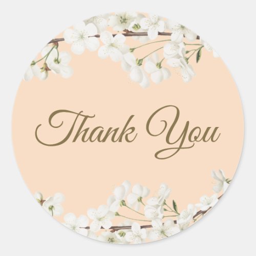 White Blossom Gold Script Thank You Classic Round Sticker