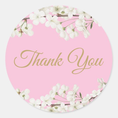 White Blossom Gold Script Thank You Classic Round Sticker