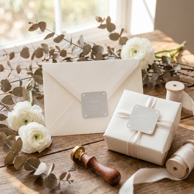 White Blossom Muted Taupe Minimalist Frame Wedding Square Sticker (Creator Uploaded)