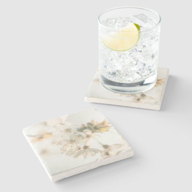 White Blossom Nature Photo Stone Coaster (Side)