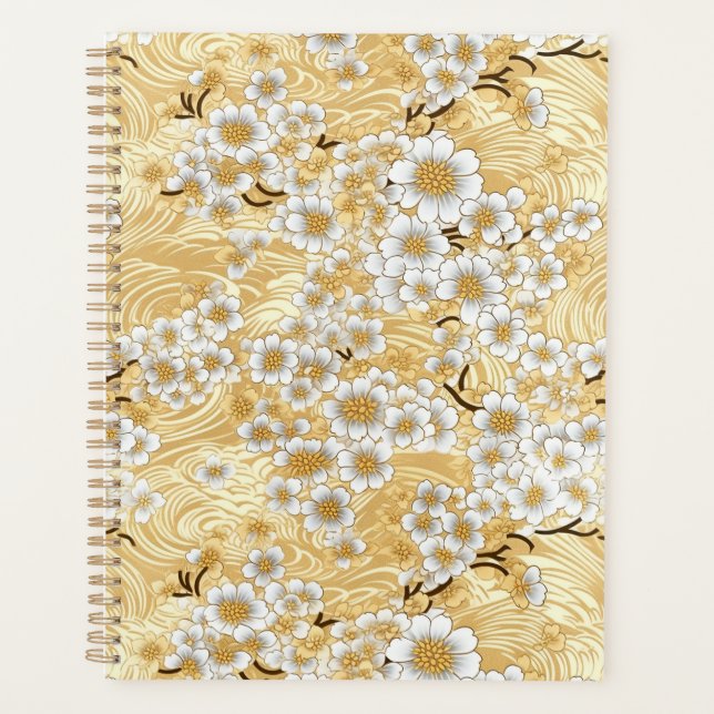 White Blossom on Gold Swirls Chiyogami Planner (Front)