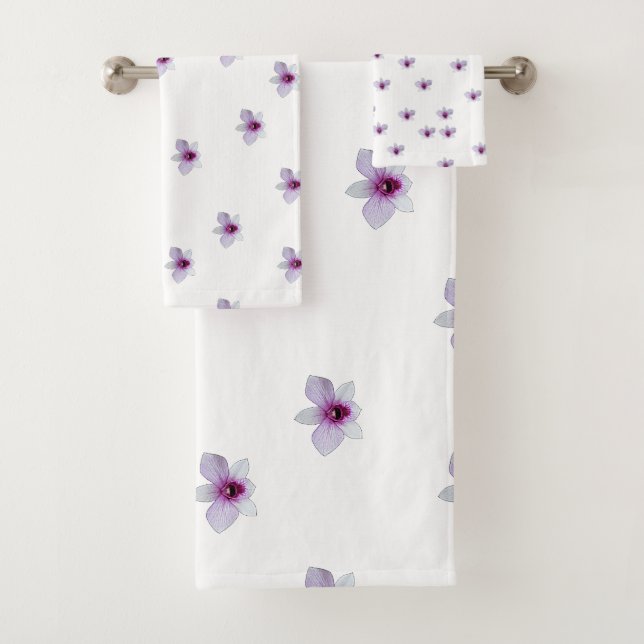 White Blossom Purple Center Gift  Bath Towel Set (Insitu)