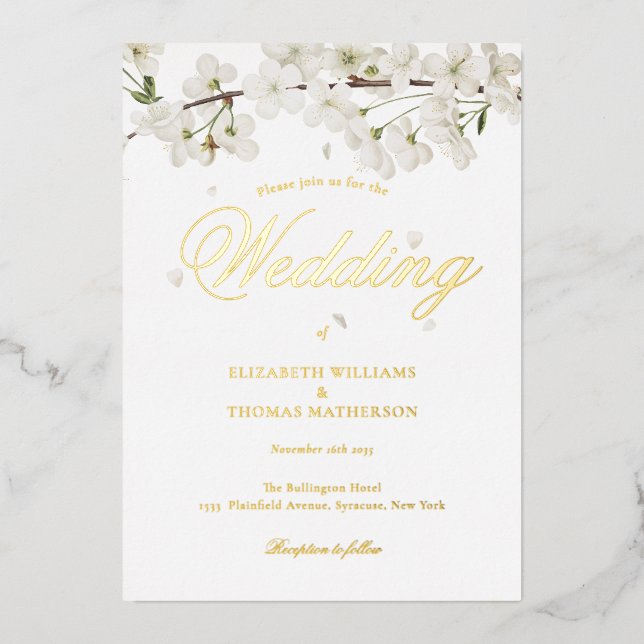 White Blossom Wedding Elegant Script Gold Foil Invitation (Front)