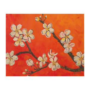 White blossoming branch in spring  wood wall art