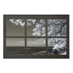 White Blossoms Black Faux Window Illusion  Faux Canvas Print