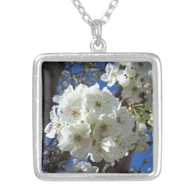 White Blossoms I Ornamental Pear Tree Silver Plated Necklace (Front)