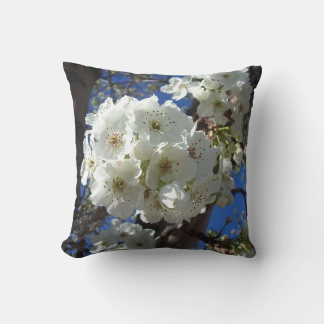 White Blossoms I Ornamental Pear Tree Throw Pillow (Front)